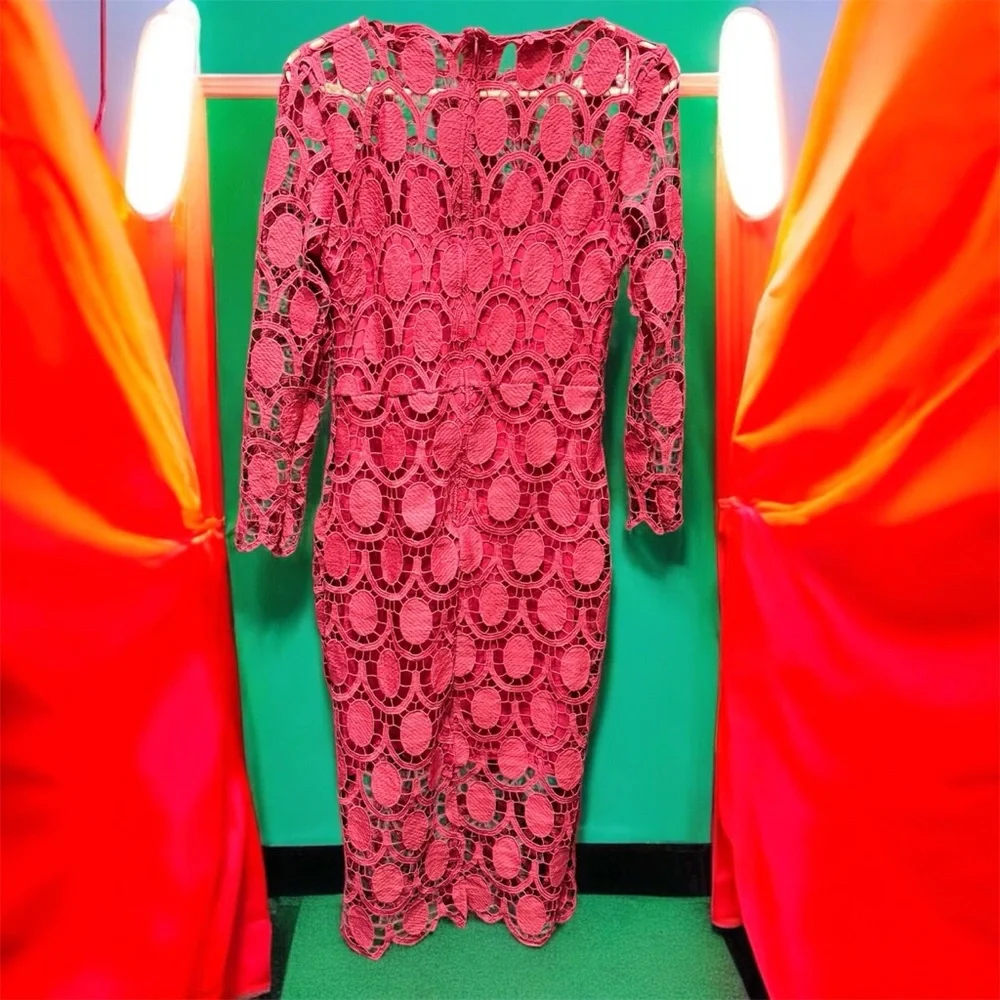 SHEIN Pink Long Sleeve Lace Dress MEDIUM pit to pit 16in length 43in - Picture 2 of 5